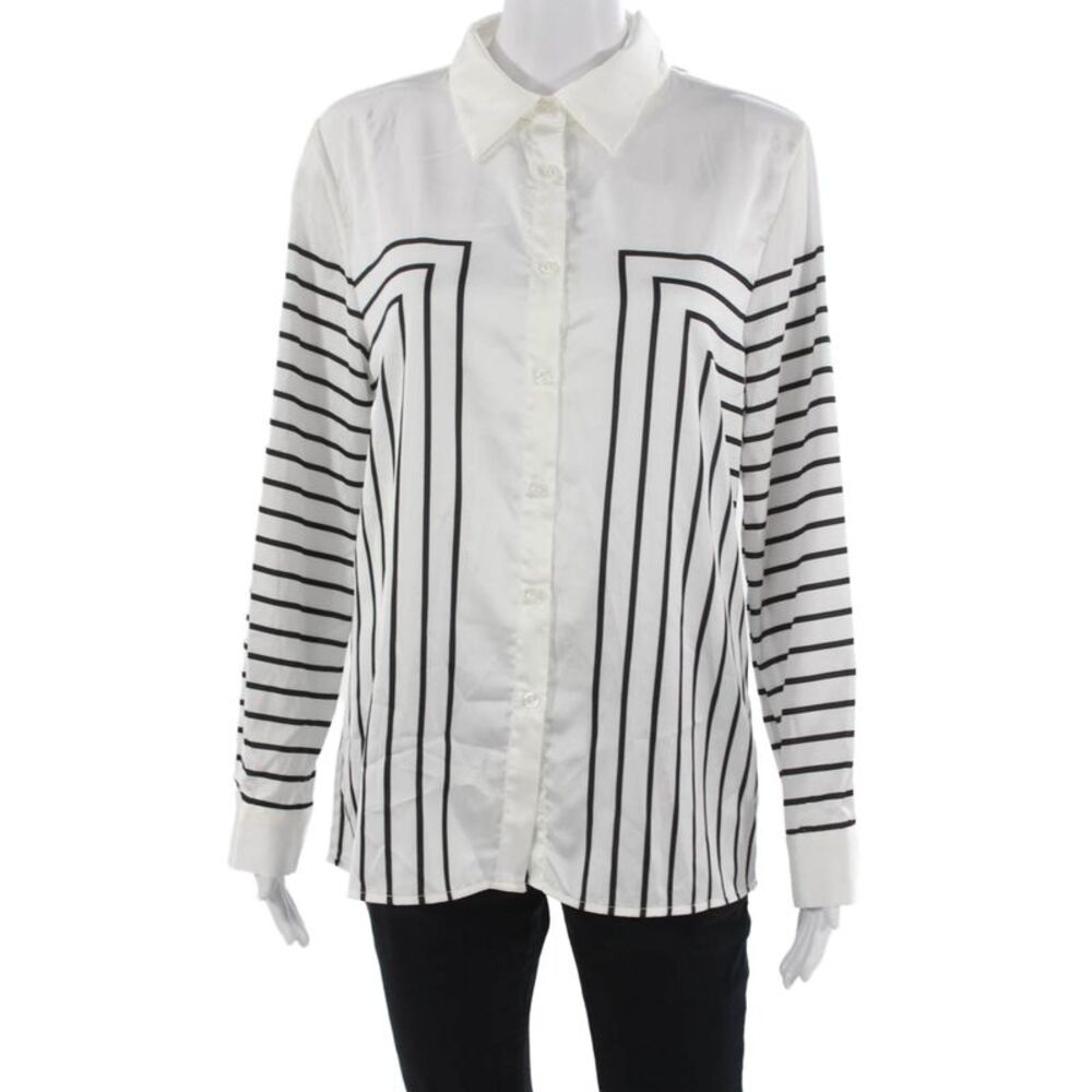 Ravel Womens Striped Collared Button-Up Blouse Black Long Sleeve Petite Size S